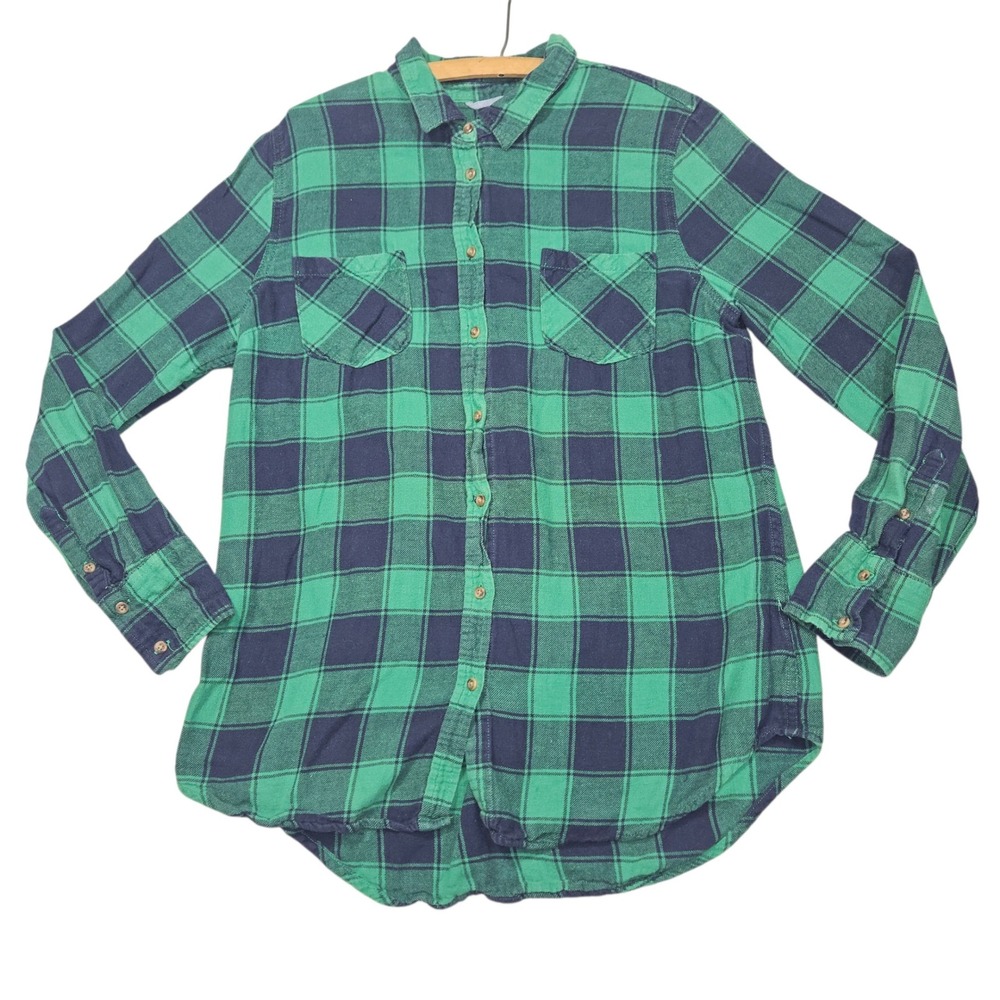 Merona Long Sleeve Flannel Button Down Shirt Green Navy Plaid Sz L
